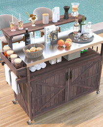 K&K 53.3  Outdoor Kitchen Island With Raised Shelf, Solid Wood Storage Cabinet With Stainless Steel Top, Outdoor Rolling Grill Cart With Internal Storage Rack, Adjustable Shelf, Spice Rack, Brown