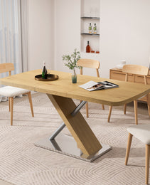 47.25 -63 Dining Table, Original Wood Color, Seating 4-6 People, Retractable Table, Cross Metal Base And Stainless Steel Tubing Natural