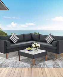 GO 4-pieces Outdoor Wicker Sofa Set, Patio Furniture With Colorful Pillows, L-shape Sofa Set, Gray Cushions And Black Rattan