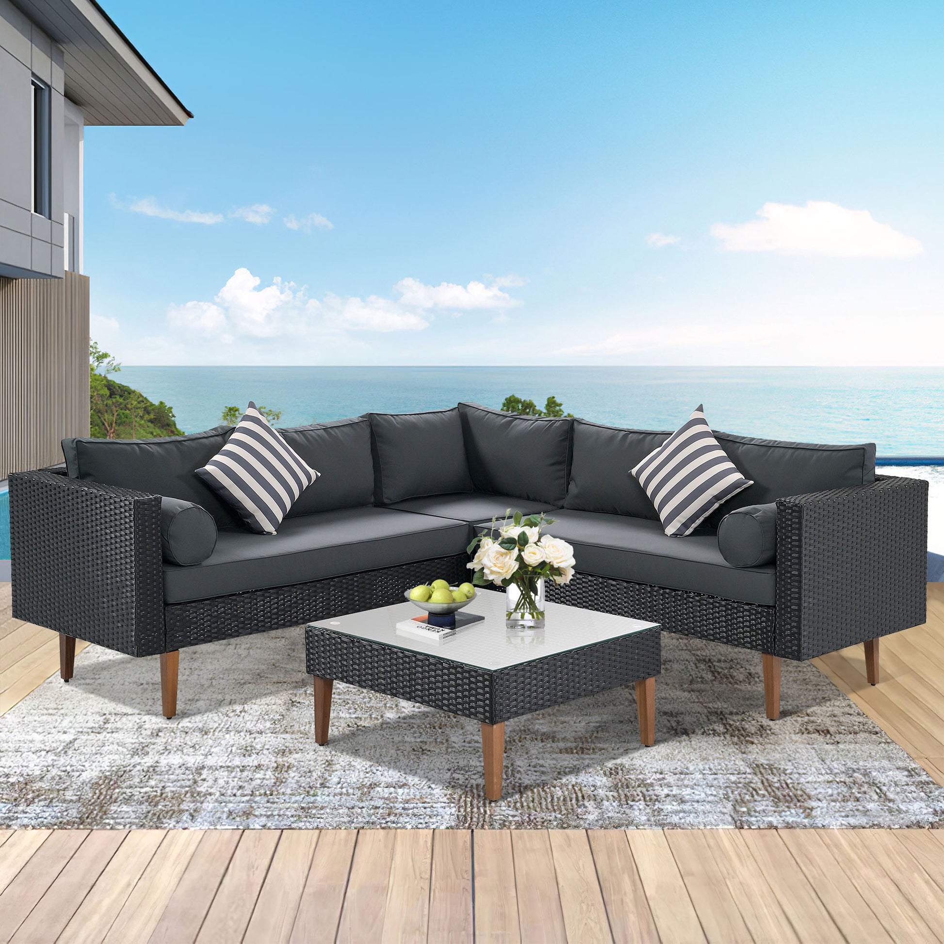 GO 4-pieces Outdoor Wicker Sofa Set, Patio Furniture With Colorful Pillows, L-shape Sofa Set, Gray Cushions And Black Rattan