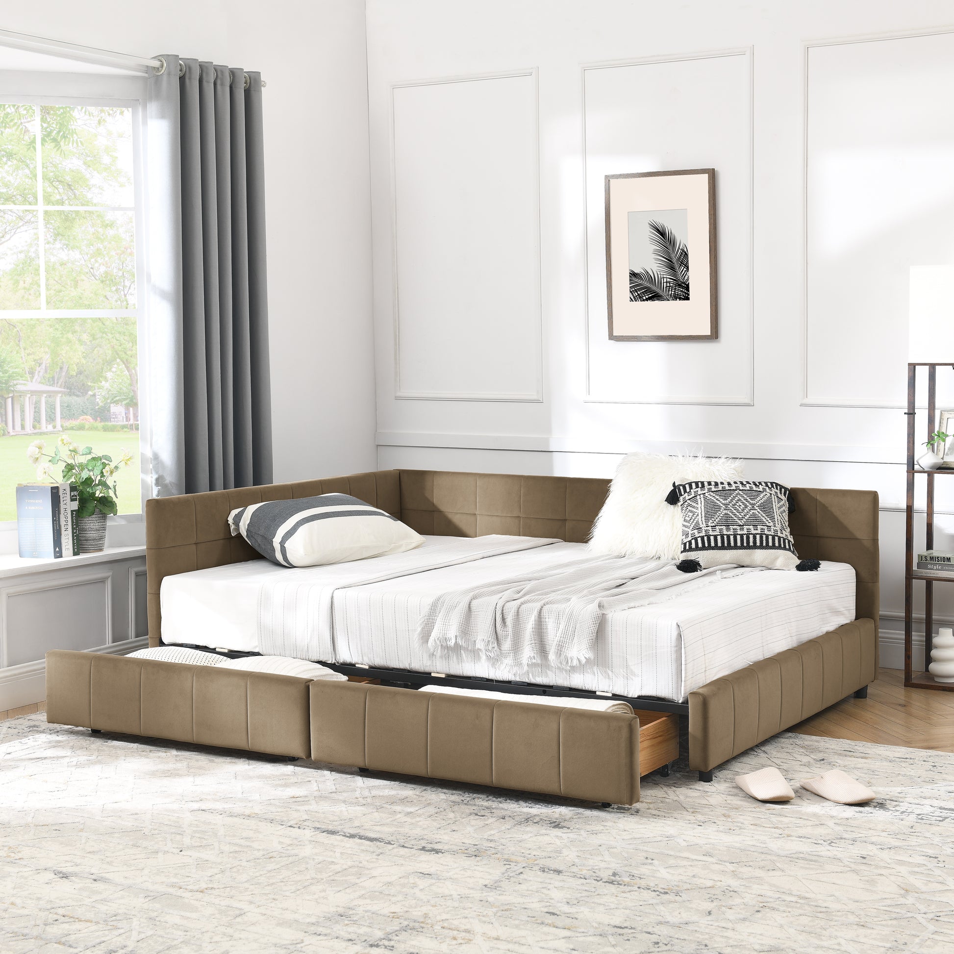 Full Size Storage Upholstered Tufted Bed Frame, Sofa Bed Frame With Comfortable Backrest And Armrests, Full Size Bed For Bedroom, Living Room,Velvet, BROWN 80.5x59x29.5