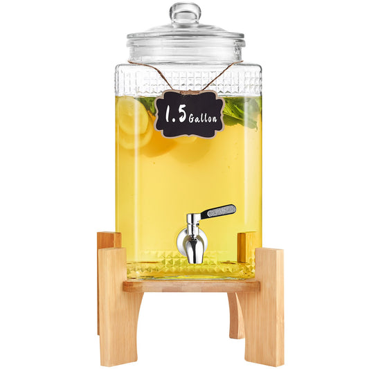 Beverage Dispenser, 1.5 Gallon Drink Dispensers For Parties, Glass Juice Dispenser With Stand, Stainless Steel Spigot, Iced Tea Lemonade Juice Water Dispenser, For Restaurants, Hotels, Parties
