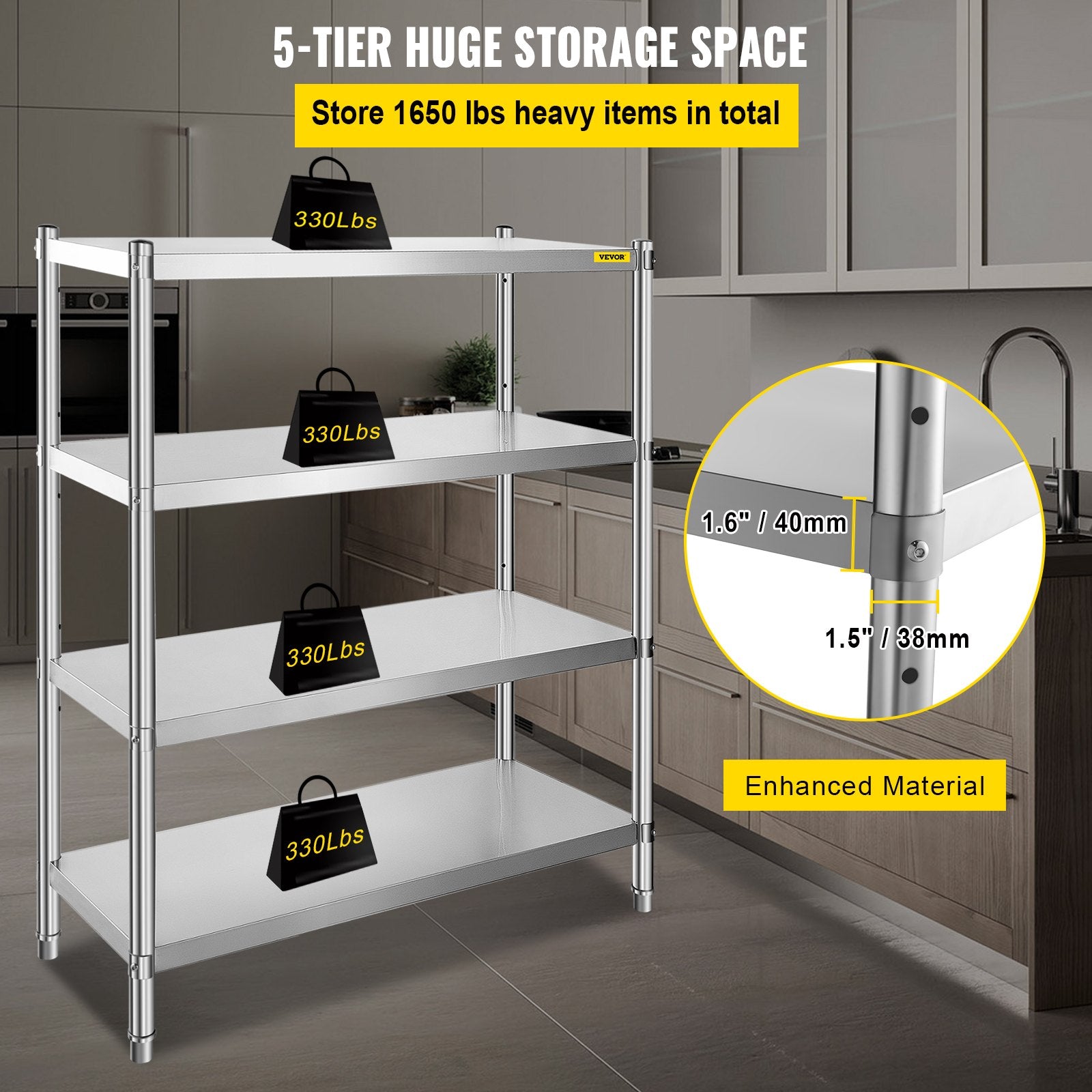 Stainless Steel Shelving 46.8x18.5 Inch 4 Tier Adjustable Shelf Storage Unit Stainless Steel Heavy Duty Shelving For Kitchen Commercial Office Garage Storage 330lb Per Shelf