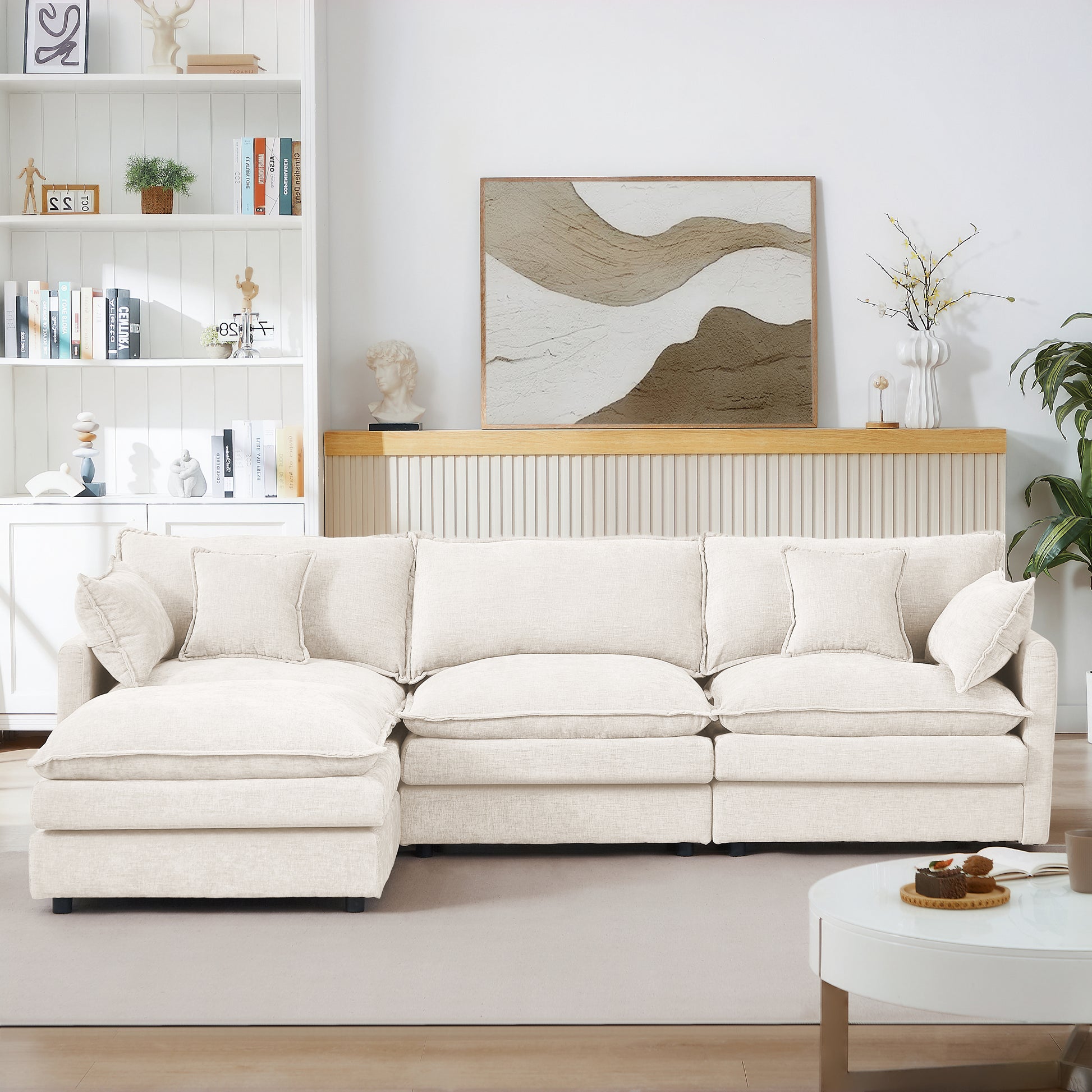 Modular Sectional Sofa, 102 Inch L Shaped Couch Set For Living Room, 3-Seater Comfy Cloud Couches With Movable Ottoman, DIY Combination, Chenille, Beige