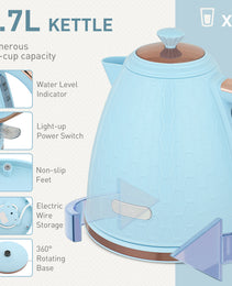 Azure Honeycomb Series: 3000W Rapid-Boil Kettle & 4-Slice Toaster Set