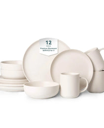 12-Piece Stoneware Dinnerware Sets With Mugs  Microwave  Dishwasher Safe  Non-Toxic Dinner Plates Bowls Set  Stackable Matte Glaze Kitchenware For 3