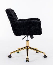 A&A Furniture Office Chair,Artificial Rabbit Hair Home Office Chair With Golden Metal Base,Adjustable Desk Chair Swivel Office Chair,Vanity Chair Black