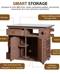 TOPMAx Outdoor Solid Wood Extendable 19.3  28  Kitchen Island  Stainless Steel Top Grill Table With Side Spice Rack  Kitchen Cart With Drawers  Storage Cabinet For Backyard  BBQ Party  Brown
