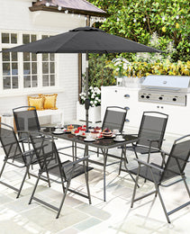 8 Piece Outdoor Dining Set, Patio Furniture Set with Umbrella, 6 Folding Chairs, Rectangle Table and Mesh Seat, Black