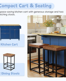 Available TOPMAX Farmhouse Kitchen Island With Drop Leaf And 2 Seatings, Kitchen Table Set With Storage Cabinet, Drawers, Door Shelves And Power Outlet, Blue