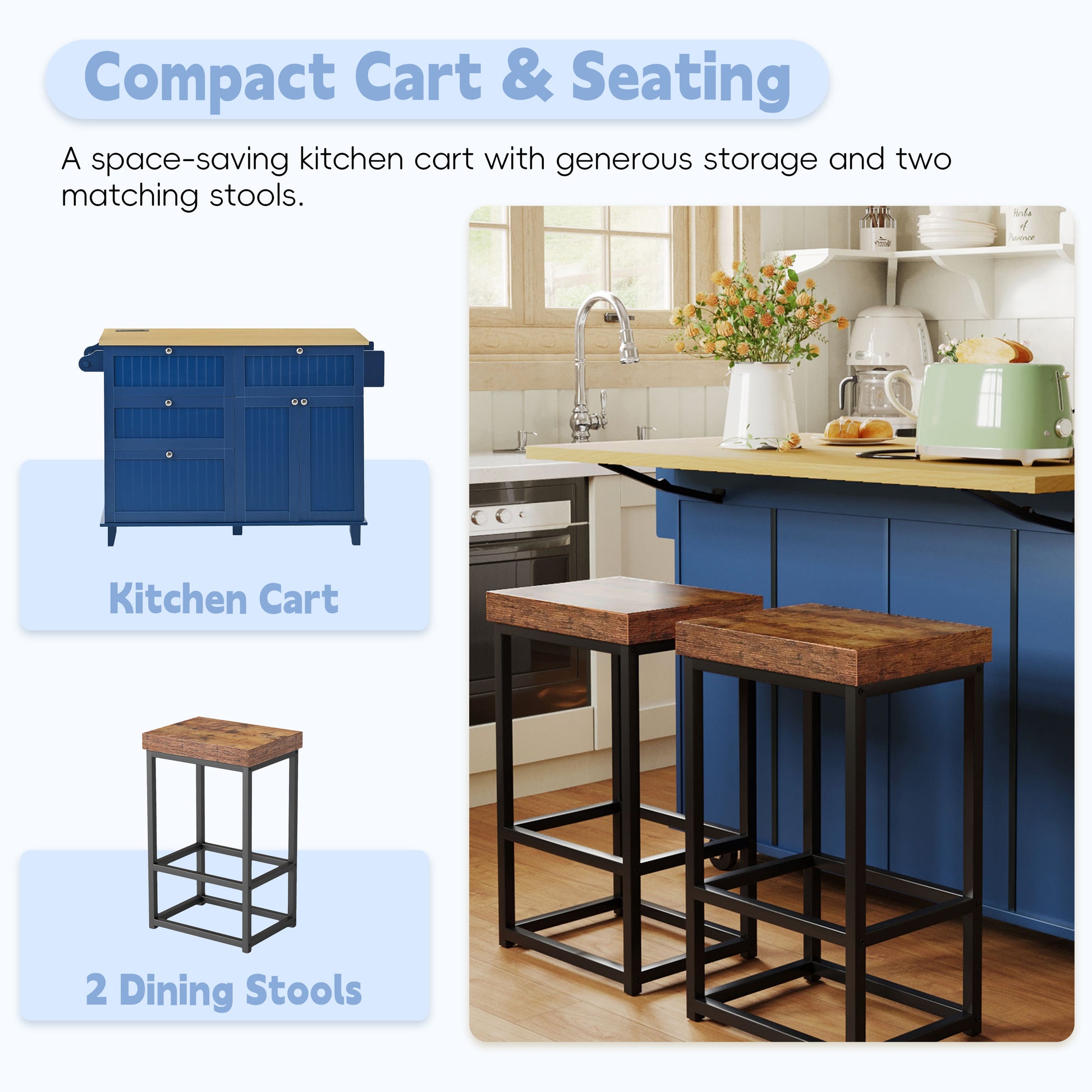 Available TOPMAX Farmhouse Kitchen Island With Drop Leaf And 2 Seatings, Kitchen Table Set With Storage Cabinet, Drawers, Door Shelves And Power Outlet, Blue