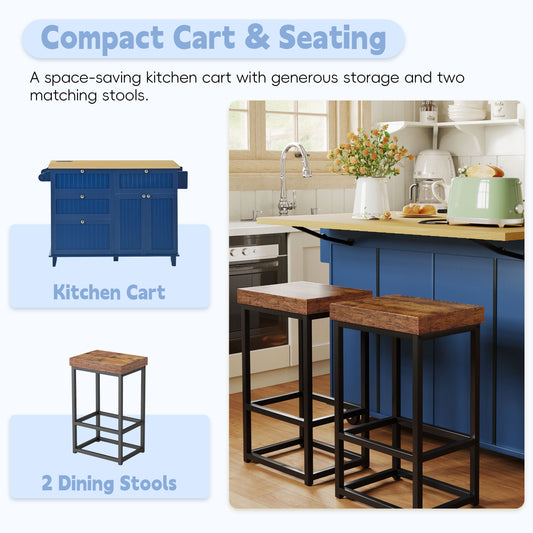 Available TOPMAX Farmhouse Kitchen Island With Drop Leaf And 2 Seatings, Kitchen Table Set With Storage Cabinet, Drawers, Door Shelves And Power Outlet, Blue