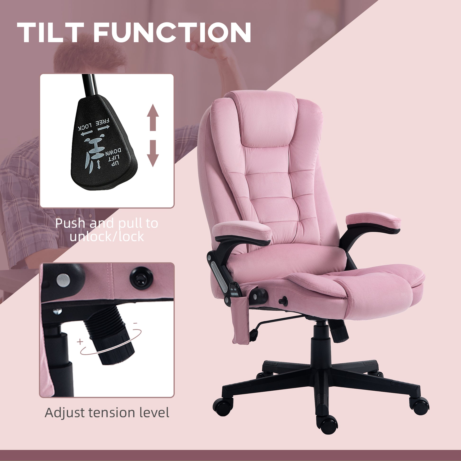 6 Point Executive Office Chair with Heat, Velvet High Back Vibrating Massage Office Chair, Pink