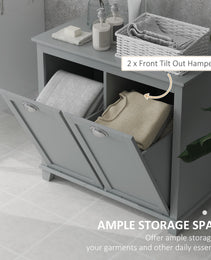 Dual Tilt out Laundry Hamper Cabinet, Bathroom Storage Cabinet with 2-Compartment Hamper, Modern Bathroom Floor Cabinet for Washroom, Gray