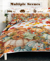 Autumn Theme 3 Pcs Quilt Set - Pumpkin Print Bedspread Coverlet