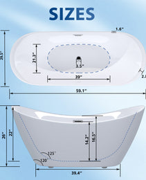 59 Acrylic Freestanding Tub, Gloss White,  With Chrome Overflow And Pop-up Drain, CUPC Certified