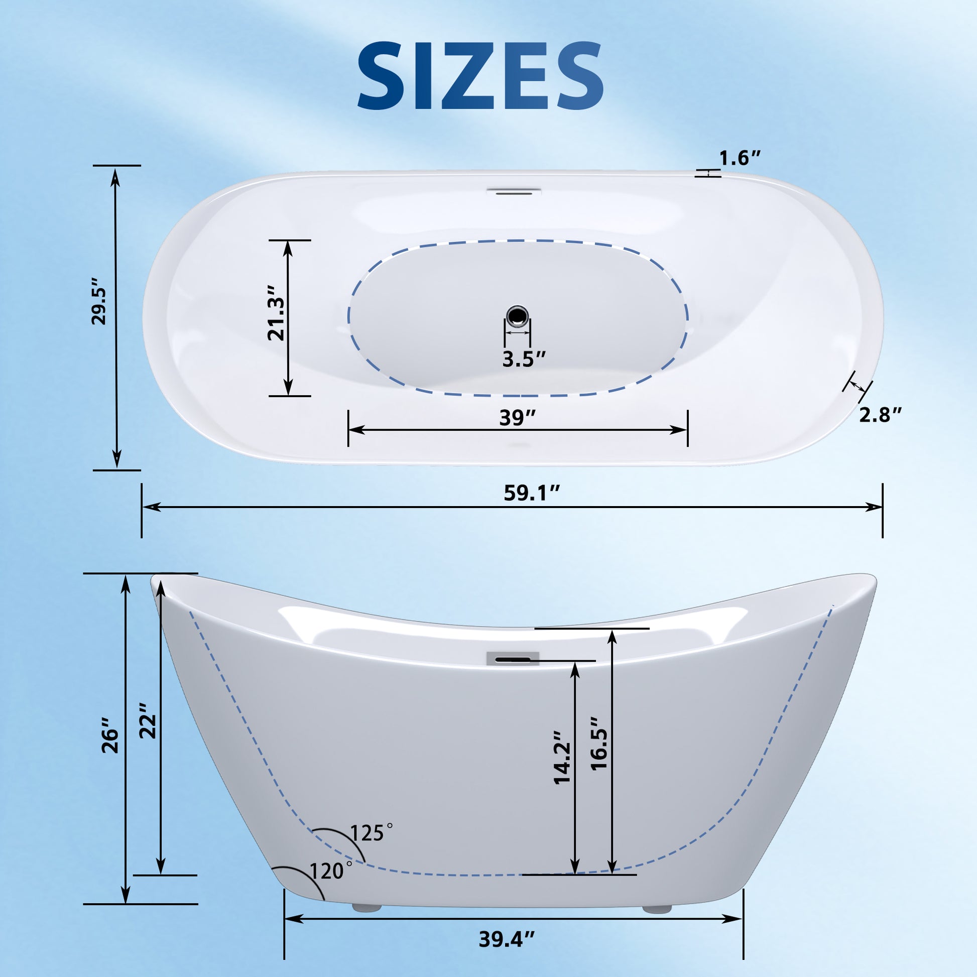 59 Acrylic Freestanding Tub, Gloss White,  With Chrome Overflow And Pop-up Drain, CUPC Certified