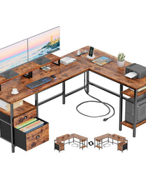 L-shaped Office Desk With Power Socket, Reversible Computer Game Table, Fabric Drawer, And 2 Monitor Stands