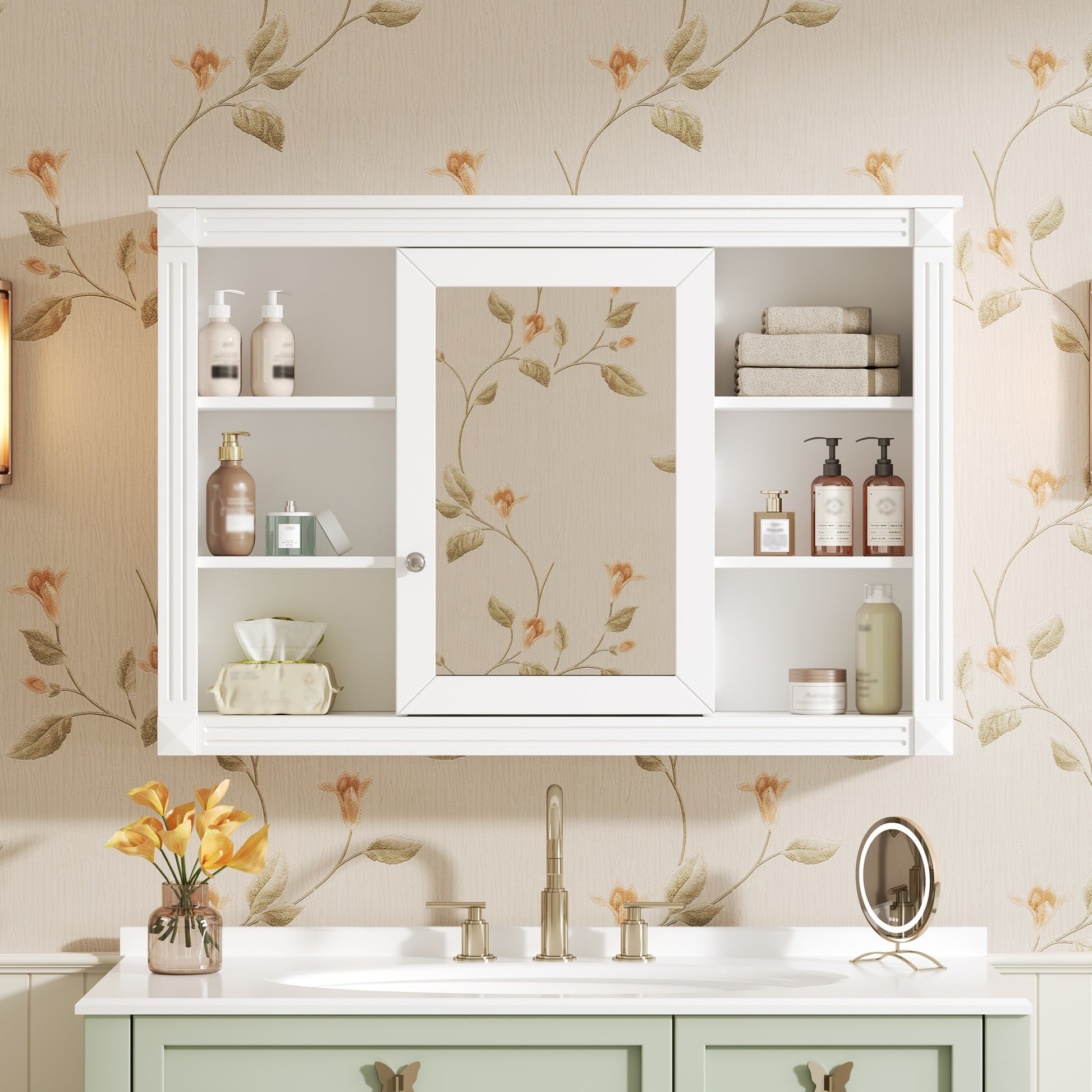 42 Wall Mounted Bathroom Storage Cabinet, Medicine Cabinet, Modern Bathroom Wall Cabinet With Mirror, Mirror Cabinet With 6 Open Shelves Not Include Bathroom Vanity