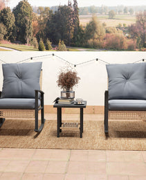 3 Pieces Bistro Set, Patio Wicker Furniture Set with Button Tufted Cushions, Rattan Rocking Chairs, Coffee Table, Gray