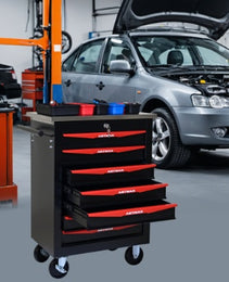 7 Drawers Multifunctional Tool Cart With Wheels,Metal Rolling Tool Cart Storage For Garage Workshop Warehouse Repair Shop--With Stainless Steel Roof- BLACK RED