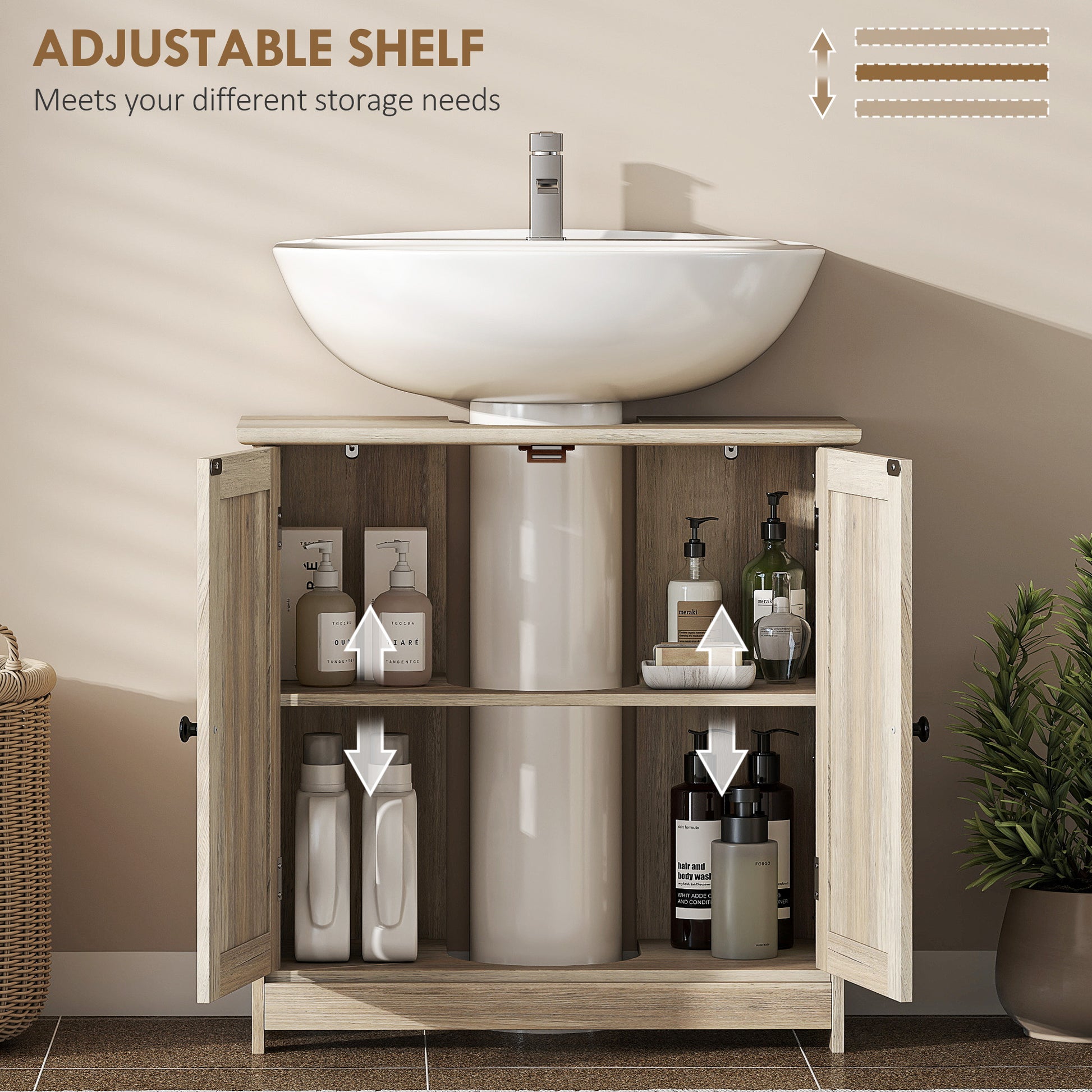 Bathroom Vanity Cabinet, Under Sink Bathroom Cabinet with 2 Doors and Adjustable Shelf, Weathered Gray Oak