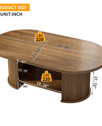 Oval Fluted Coffee Table, 47 Farmhouse Wood Coffee Table, Mid-Century 2-Tier Coffee Table With Storage Shelf, Accent Center Table With Dual Base, Boho Living Room Tables For Living Room Office,Walnut