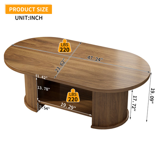 Oval Fluted Coffee Table, 47 Farmhouse Wood Coffee Table, Mid-Century 2-Tier Coffee Table With Storage Shelf, Accent Center Table With Dual Base, Boho Living Room Tables For Living Room Office,Walnut