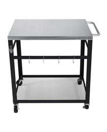 2-Tier Outdoor Grill Cart With Stainless Steel Top, Locking Wheels & Tool Hooks, Movable BBQ Prep Table With Mesh Shelf, Rolling Serving Bar Cart For Patio, Backyard, Pizza Oven Stand, Black