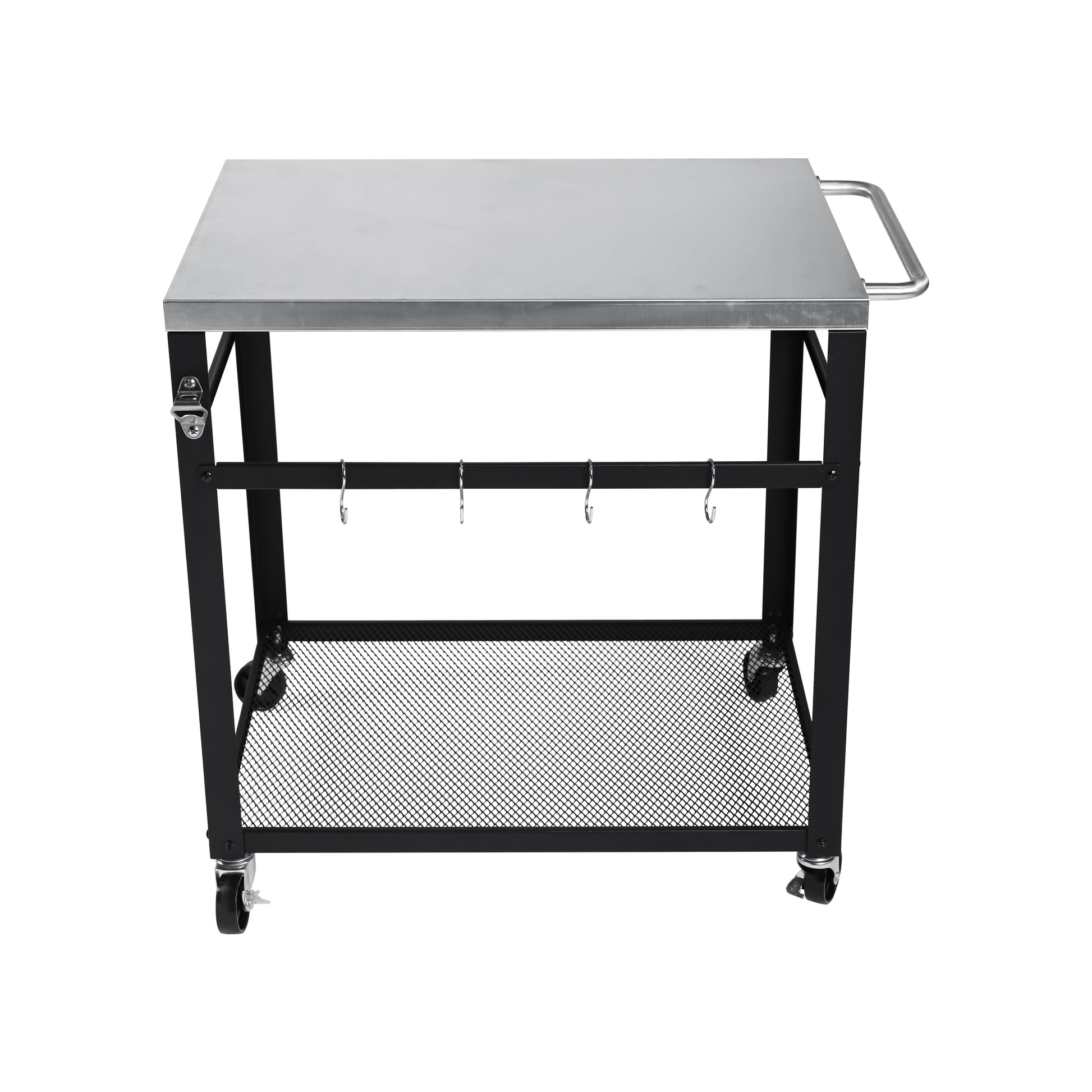 2-Tier Outdoor Grill Cart With Stainless Steel Top, Locking Wheels & Tool Hooks, Movable BBQ Prep Table With Mesh Shelf, Rolling Serving Bar Cart For Patio, Backyard, Pizza Oven Stand, Black