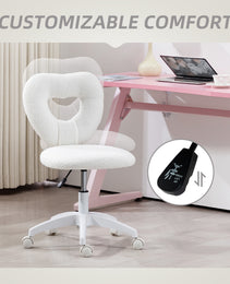 Armless Computer Desk Chair, Office Task Chair, Teddy Fleece Heart Makeup Vanity Chair with Swivel Wheels, White