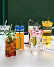 1 Pcs Green Glass Straw Cup, 6 Colors Square Glass Cup With Straw And Lid, High Borosilicate Glass Cup, Milk Cup, Juice Cup, Cold Drink Cup, Coffee Cup, Tea Cup, Office Cup, Gift Cup