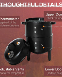 3-in-1 Vertical Charcoal BBQ Smoker Grill With 2 Cooking Areas And Thermometer