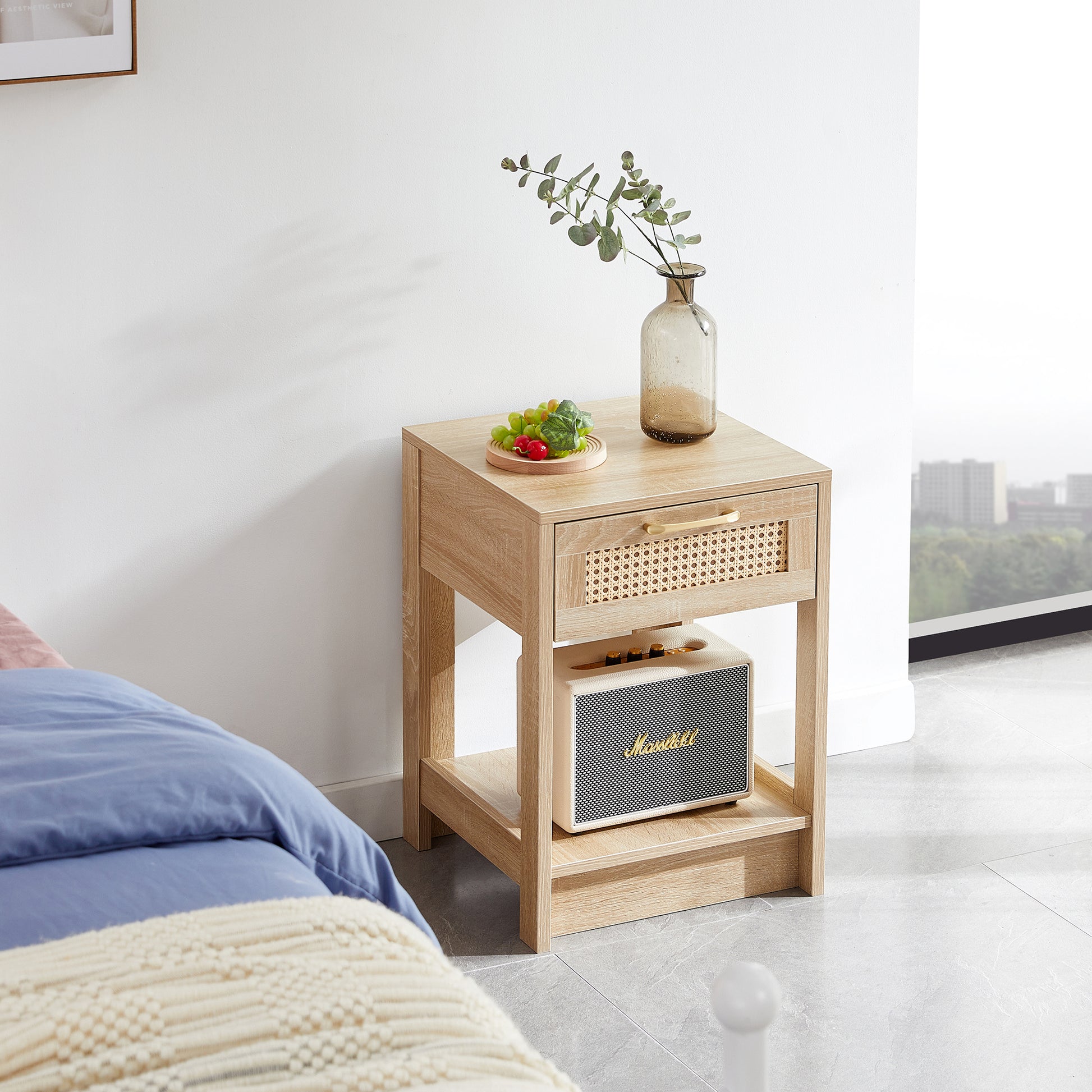15.75  Rattan End Table With  Drawer, Modern Nightstand, Side Table For Living Room, Bedroom,natural