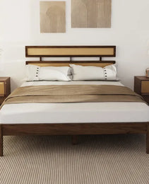 Double Rattan Woven Headboard, Bohemian Style, Painted Finish, Pine Wood, Dark Walnut Color, Queen Size Wooden Bed