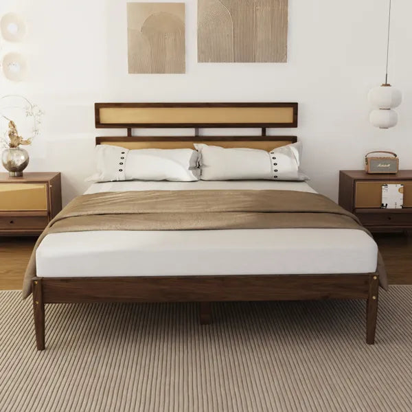 Double Rattan Woven Headboard, Bohemian Style, Painted Finish, Pine Wood, Dark Walnut Color, Queen Size Wooden Bed