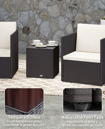 Folding Wicker Bistro Set, 3 Piece Patio Furniture Set with Cushions and Glass Coffee Table for Porch, Balcony, Brown