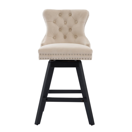 Swivel Velvet Barstools With Button Tufted Decoration And Wooden Legs, And Chrome Nailhead Trim, Leisure Style Bar Chairs,Bar Stools, Set Of 2  Beige,SW1860BG