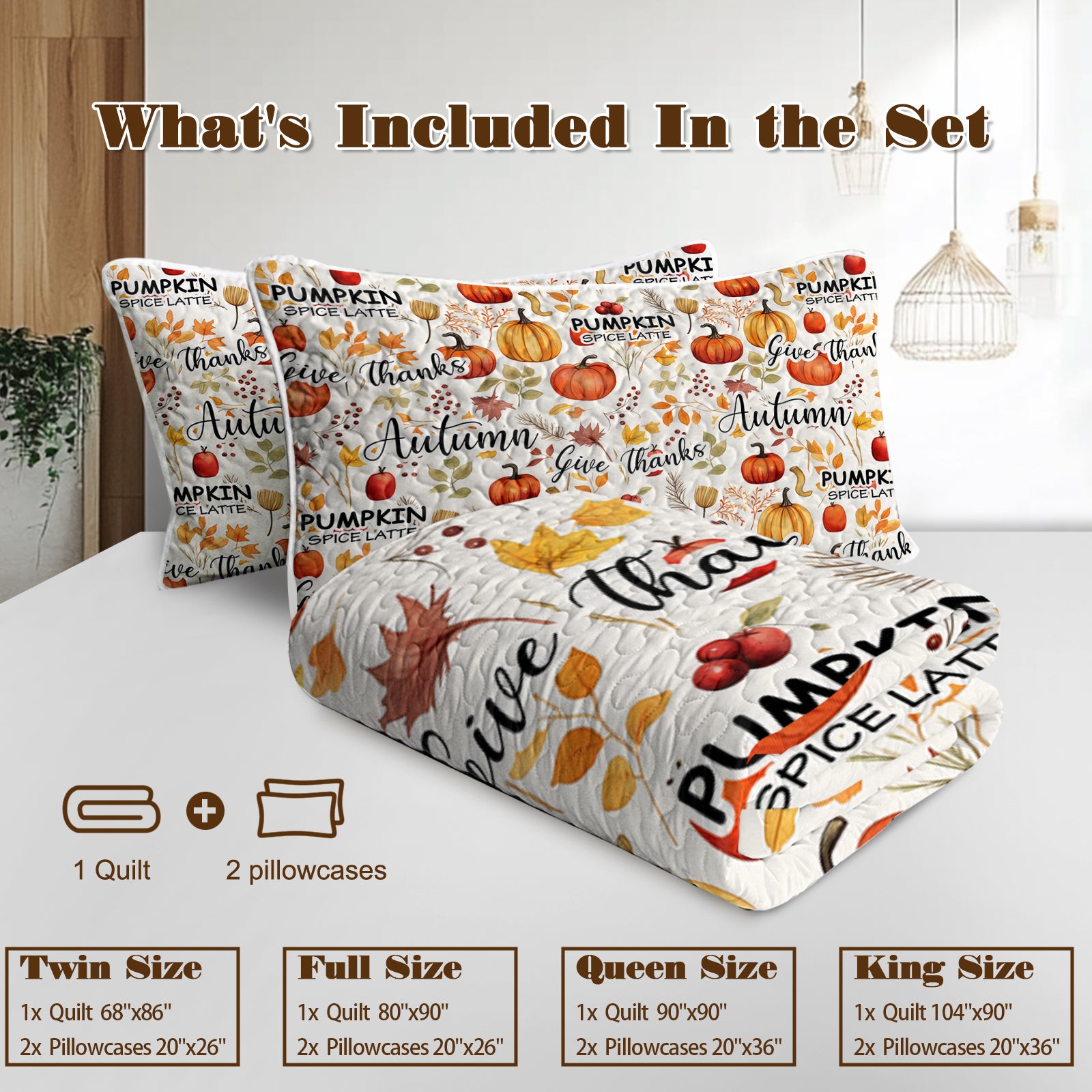 Pumpkin Autumn Leaves Print Quilt Set -1 Quilt, 2 Shams