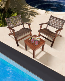 3 Pieces Outdoor Wooden Patio Rattan Furniture Set