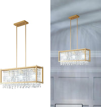 Modern Foyer Chandelier, Gold Crystal Chandelier Entryway Pendant Light Fixture, Square Adjustable Height Chandeliers for Kitchen Island, L15.74'' X H9.84''