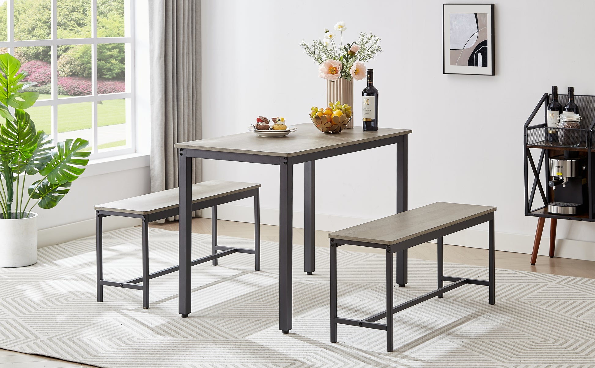 Dining Table Set, Bar Table With 2 Dining Benches, Kitchen Table Counter With Chairs, Industrial For Kitchen Breakfast Table, Living Room, Party Room, Grey And Black,43.3inL X 23.6inW X 29.9inH