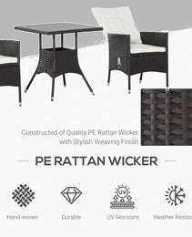 3 Piece Patio Bistro Set, PE Wicker Furniture Conversation Set W/ Tufted Cushion Reclining Chairs & Coffee Table, Cream
