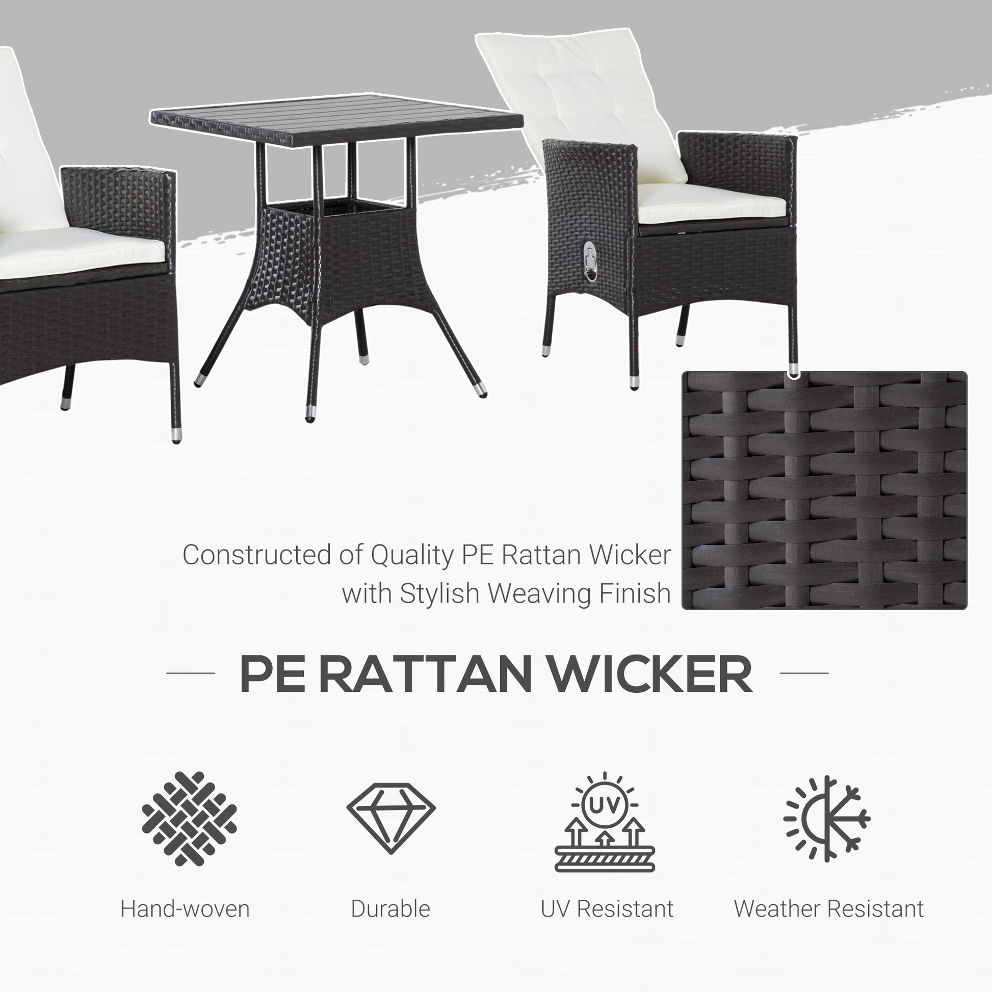 3 Piece Patio Bistro Set, PE Wicker Furniture Conversation Set W/ Tufted Cushion Reclining Chairs & Coffee Table, Cream
