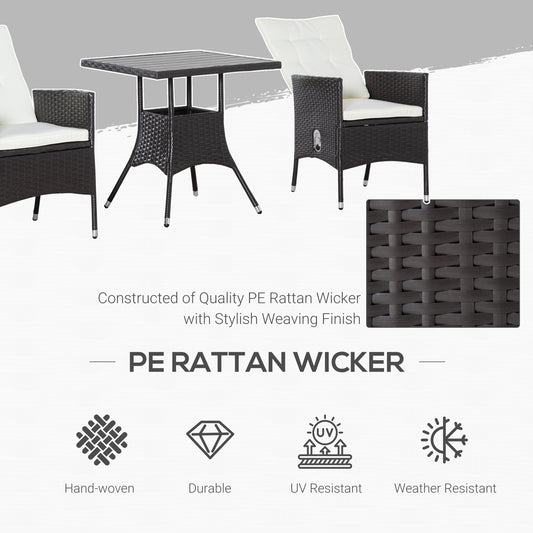 3 Piece Patio Bistro Set, PE Wicker Furniture Conversation Set W/ Tufted Cushion Reclining Chairs & Coffee Table, Cream