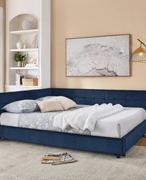 Queen Size Upholstered Tufted Bed Frame, Sofa Bed Frame With Comfortable Backrest And Armrests, Queen Size Bed For Bedroom, Living Room,Velvet, DARK BLUE 85.5x64.5x30.5