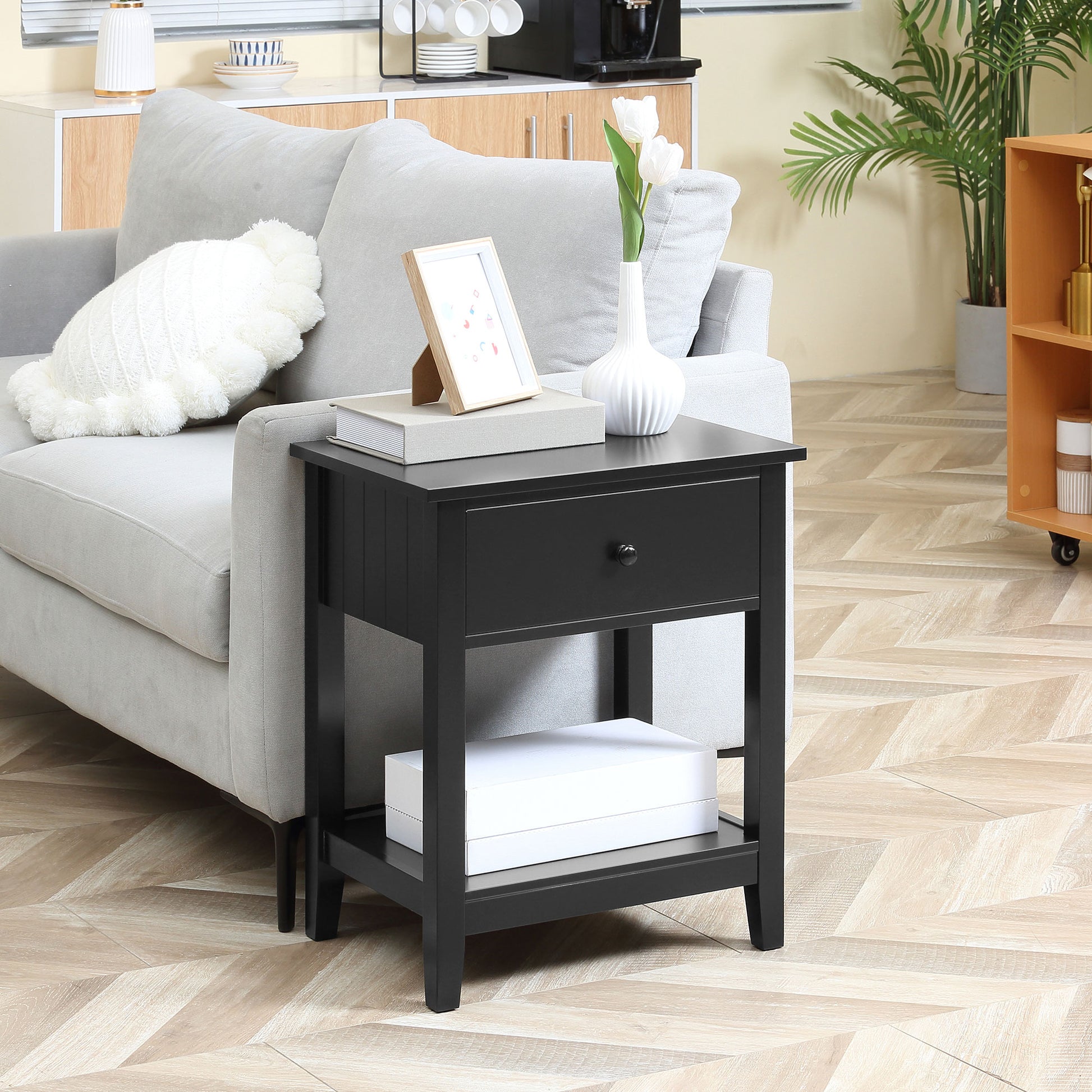 End Table, 2-tier Side Table with Drawer and Storage Shelf, Modern Sofa Side Table for Living Room, Black