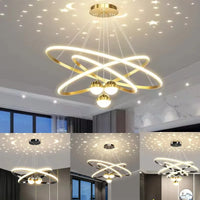 Modern Living Room Ring Chandelier with Moon Stars Creative Black/Gold Ring Circle LED Chandelier Light for Bedroom Dining Room