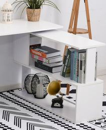 360° Rotating Home Office Desk L Shaped Corner Computer Desk with Storage Shelves, Writing Table Workstation, White