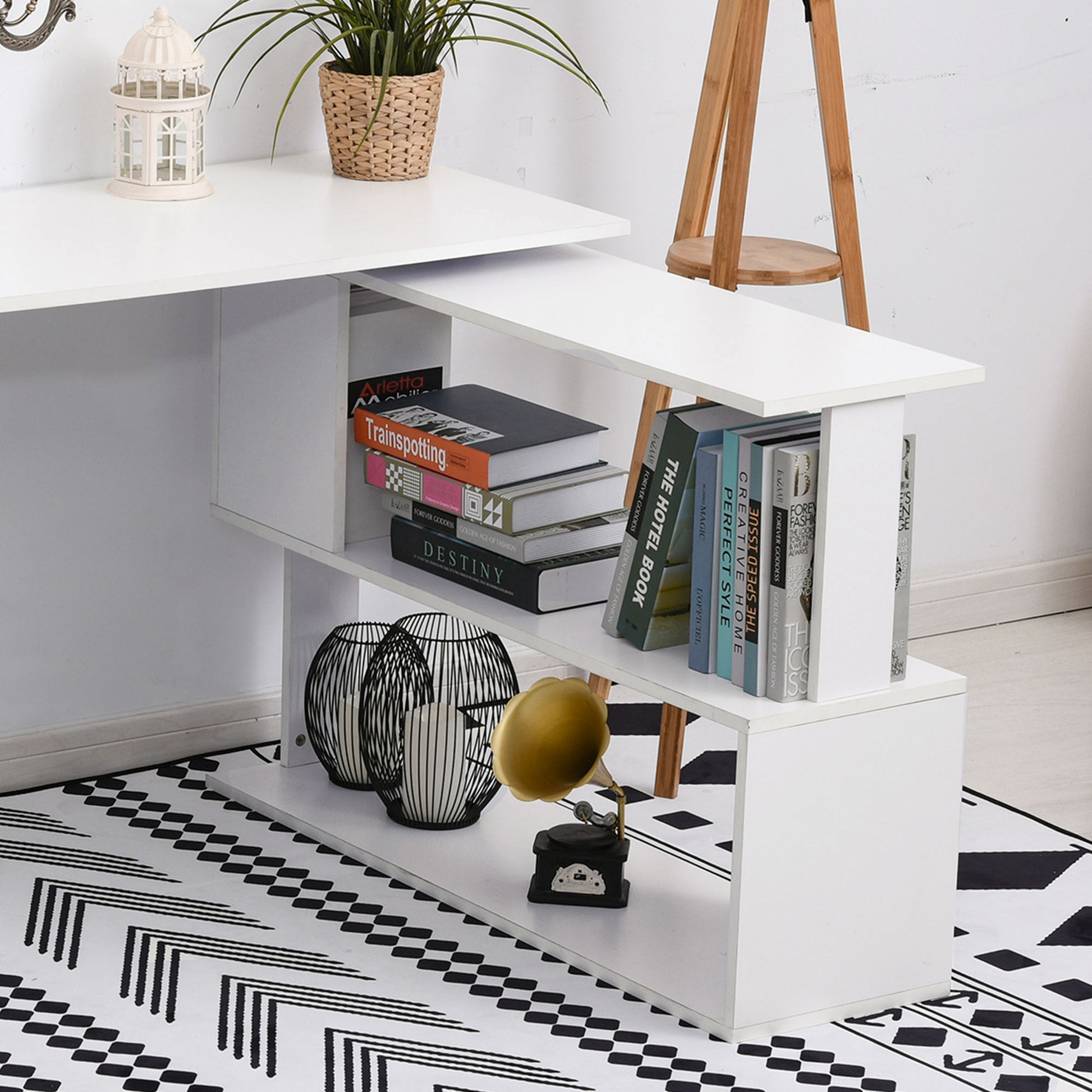 360° Rotating Home Office Desk L Shaped Corner Computer Desk with Storage Shelves, Writing Table Workstation, White